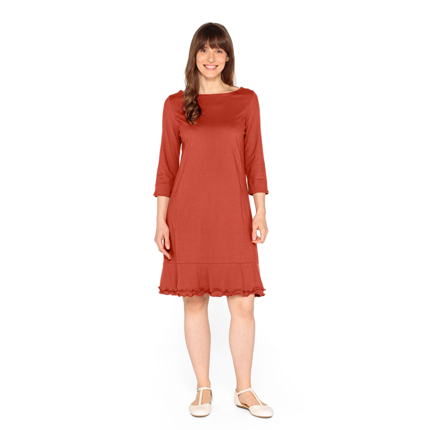 Volantkleid mit 3/4-Ärmeln aus reiner Bio-Baumwolle Volantkleid mit 3/4-Ärmeln aus reiner Bio-Baumwolle